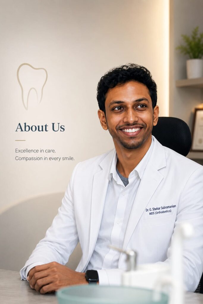 Dr. Shekar, specialist orthodontist at Elegance Dental clinic in Rajapalayam, in a warm environment and a well lit consult room.